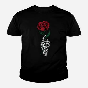 Rose Flower Gift - White Skeleton Hand Holding A Red Rose Youth T-shirt | Crazezy DE