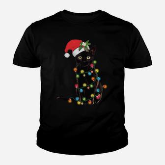 Santa Black Cat Wrapped Up In Christmas Tree Lights Holiday Youth T-shirt | Crazezy