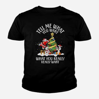 Santa Claus And Snowman Penguin Tell Me Youth T-shirt - Monsterry