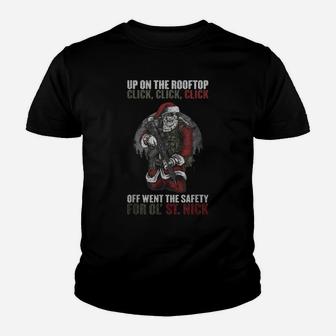 Santa Claus On The Rooftop Funny Tactical Safety Christmas Youth T-shirt | Crazezy UK