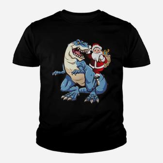 Santa Riding Dinosaur T Rex Christmas Gift Xmas Youth T-shirt | Crazezy