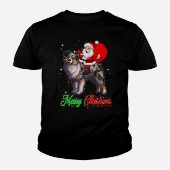 Santa Riding Miniature Australian Shepherd Christmas Sweatshirt Youth T-shirt | Crazezy