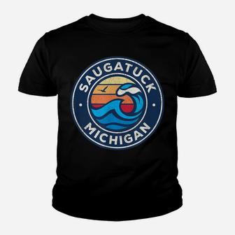 Saugatuck Michigan Mi Vintage Nautical Waves Design Youth T-shirt | Crazezy CA