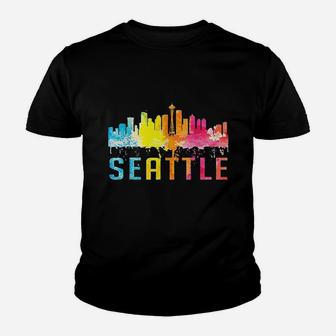 Seattle Washington Retro Watercolor Skyline Souvenir Youth T-shirt | Crazezy DE