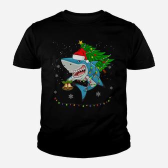 Shark Santa Tree Hat In Snow Merry Christmas Decoration Youth T-shirt | Crazezy CA