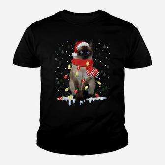 Siamese Cat In Santa Hat Xmas Lights Funny Christmas Gift Youth T-shirt | Crazezy