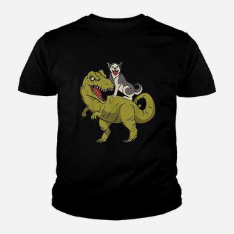 Siberian Husky Dog Riding Dinosaur Youth T-shirt | Crazezy CA