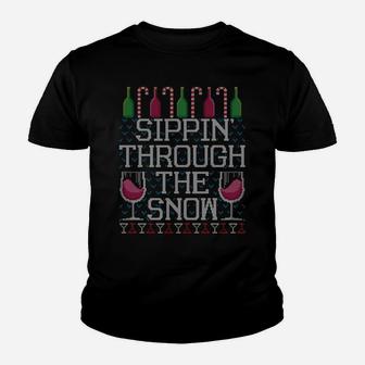 Sippin Through The Snow Red Wine Ugly Christmas Sweater Sweatshirt Youth T-shirt | Crazezy AU