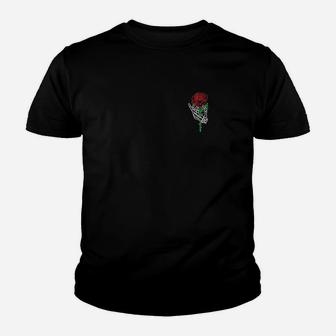 Skeleton Hand Holding Rose Tattoo Youth T-shirt | Crazezy UK