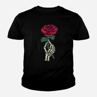 Skeleton Hand Red Rose Flower Gift Aesthetic Streetwear Goth Youth T-shirt | Crazezy UK
