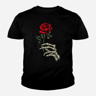 Skeleton Hand With Red Flower Roses Youth T-shirt | Crazezy CA
