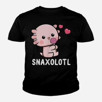 Snaxalotl Funny Axolotl Pun Candy Love Snacks Eating Fish Youth T-shirt | Crazezy