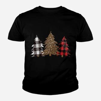 Snowy Trees Leopard Buffalo Plaid Print Cute Merry Christmas Youth T-shirt | Crazezy