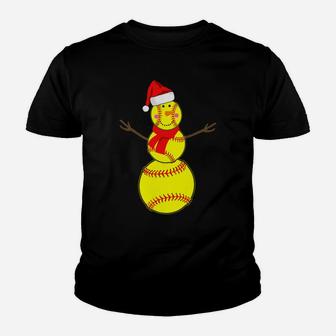 Softball Snowman Christmas Santa Hat Scarf Matching Pajama Youth T-shirt | Crazezy