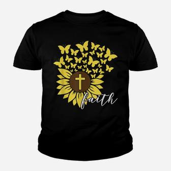 Sunflower Faith Cross Butterflies Christian Religious Flower Youth T-shirt | Crazezy