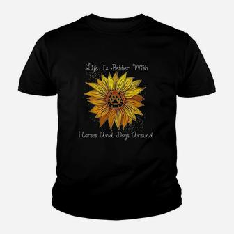 Sunflower Life Is Better With Horses And Dogs Around Youth T-shirt | Crazezy AU