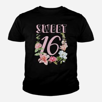 Sweet 16 Flower Birthday Party Floral Sweet Sixteen B-Day Youth T-shirt | Crazezy
