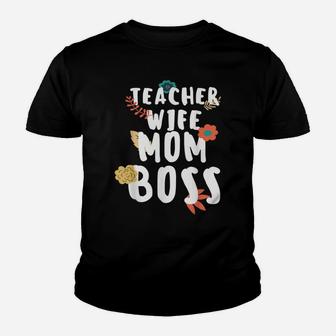 Teacher Wife Mom Boss Spring Flower Retro Vintage Mother Day Youth T-shirt | Crazezy UK