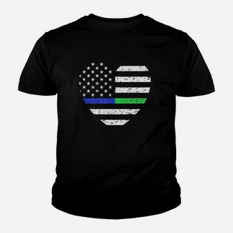 Thin Blue Line Green Line Flag Heart Youth T-shirt | Crazezy