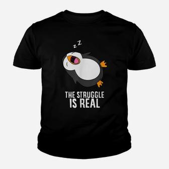 Tired Penguin Pyjama Lazy Penguin The Struggle Is Real Youth T-shirt | Crazezy
