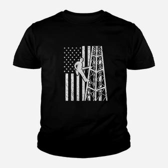 Tower Climber American Flag Cell Tower Towers Worker Youth T-shirt | Crazezy