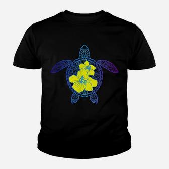 Tribal Sea Turtle With Hibiscus Flower Hawaii Vacation Beach Youth T-shirt | Crazezy