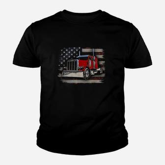 Trucker With American Flag And Big Rig Youth T-shirt | Crazezy UK