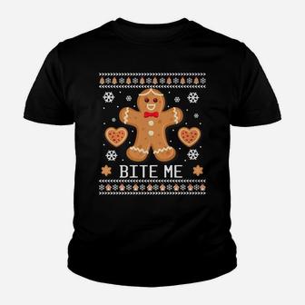 Ugly Christmas Sweater Bite Me Gingerbread Man Youth T-shirt | Crazezy