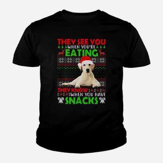 Ugly Sweater Labrador Retriever They See You Eating Xmas Youth T-shirt - Monsterry UK