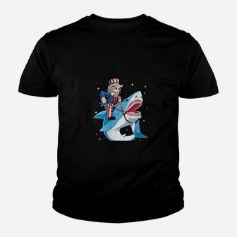 Uncle Sam Riding Shark 4Th Of July American Flag Youth T-shirt - Monsterry DE