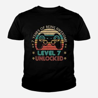 Vintage 7Th Birthday Level 7 Unlocked Funny Gamer Youth T-shirt | Crazezy