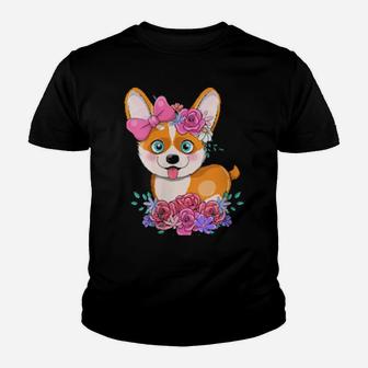 Vintage Cute Corgi Valentines Day Flowers Youth T-shirt - Monsterry