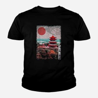 Vintage Japanese Temple Tree Blossom Japan Woodblock Youth T-shirt | Crazezy CA
