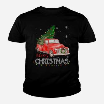 Vintage Wagon Christmas Shirt Tree On Car Xmas Red Truck Youth T-shirt | Crazezy UK
