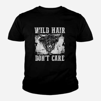 Wild Hair Dont Care Funny Scottish Highland Cattle Cow Youth T-shirt | Crazezy AU