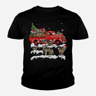 Wolf Riding Red Truck Merry Christmas X-Mas Ugly Gift Youth T-shirt | Crazezy