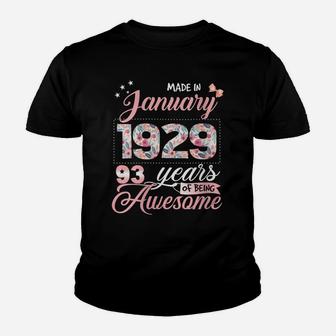 Womens 93Rd Birthday Floral Gift For Womens Born In January 1929 Youth T-shirt | Crazezy