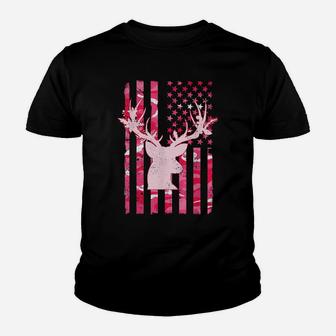 Women's Camo Whitetail Buck Deer Pink Camouflage Usa Flag Youth T-shirt | Crazezy