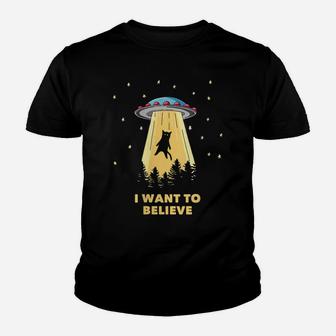 Womens Cat Alien Abduction - I Want To Believe Ufo Youth T-shirt | Crazezy CA