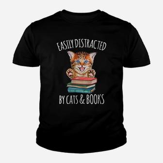 Womens Cat & Book Lover Easily Distracted By Cats And Books Youth T-shirt | Crazezy