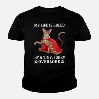 Womens Cat Lovers My Life Is Ruled By A Tiny Furry Overlord Cat Youth T-shirt | Crazezy