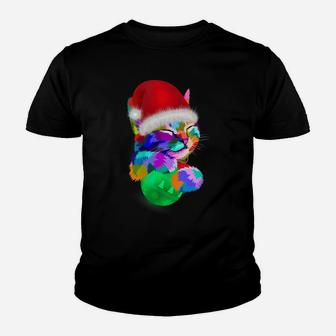 Womens Cute Cat Colorful Funny Santa Hat Christmas Ball Costume Youth T-shirt | Crazezy DE