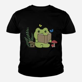 Womens Cute Frog Reading A Book On Mushroom Cottagecore Aesthetic Youth T-shirt | Crazezy