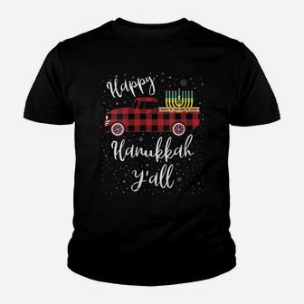 Womens Funny Buffalo Plaid Happy Hanukkah Y'all Red Truck Gift Youth T-shirt | Crazezy