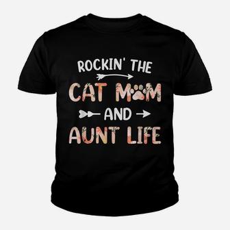 Womens Funny Cat Lovers Rockin' The Cat Mom And Aunt Life Youth T-shirt | Crazezy