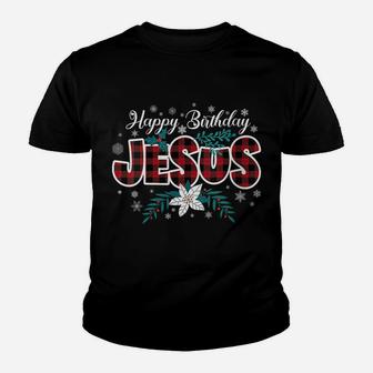 Womens Happy Birthday Jesus Flower Red Buffalo Plaid Jesus Lovers Youth T-shirt | Crazezy CA
