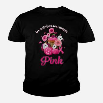 Womens In October We Wear Pink Ghosts And Pumpkin Flower Ribbon Youth T-shirt | Crazezy CA