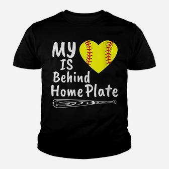 Womens My Heart Is Behind Home Plate Softball Proud Mom Dad Gift Youth T-shirt | Crazezy UK
