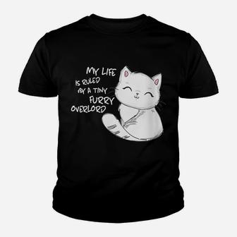 Womens My Life Is Ruled By A Tiny Furry Overlord Funny Cat Lovers Youth T-shirt | Crazezy