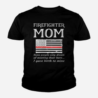 Womens Proud Firefighter Mom Fireman Firewoman Mother American Flag Youth T-shirt | Crazezy